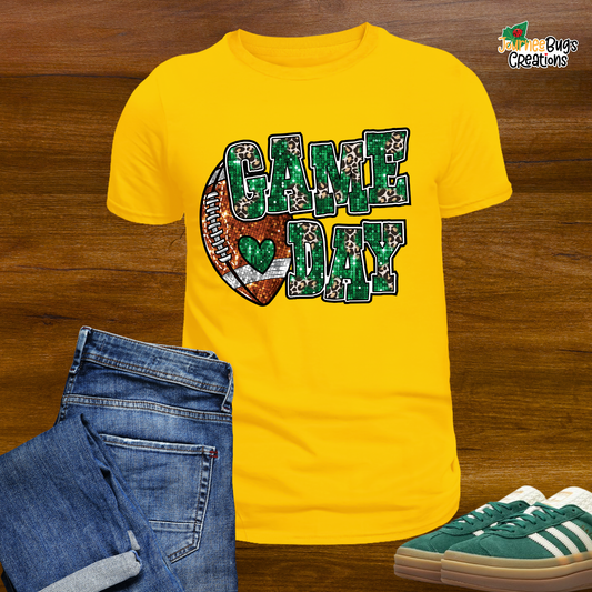 Game Day Leopard & Glitter Tee – Green & Gold Football Graphic