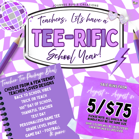 Promotional flyer for a teacher-themed shirt sale with purple and white design.